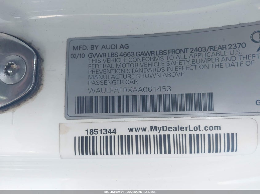 2010 Audi A5 2.0T Premium VIN: WAULFAFRXAA061453 Lot: 45492191