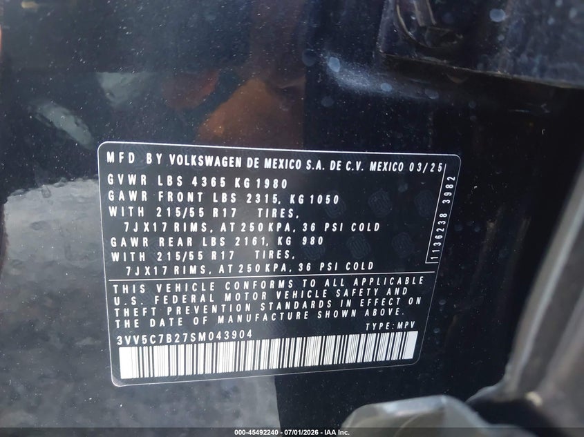 2025 Volkswagen Taos 1.5T S VIN: 3VV5C7B27SM043904 Lot: 45492240
