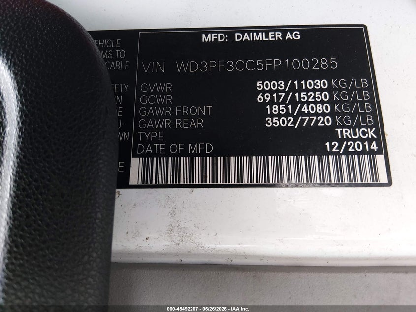 2015 Mercedes-Benz Sprinter 3500 High Roof VIN: WD3PF3CC5FP100285 Lot: 45492267