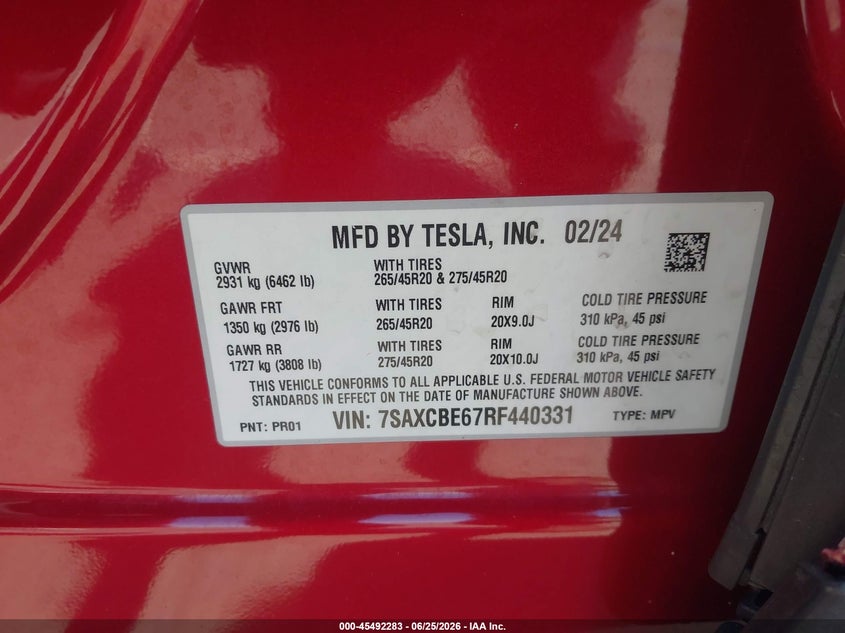 2024 Tesla Model X Plaid Tri Motor All-Wheel Drive VIN: 7SAXCBE67RF440331 Lot: 45492283