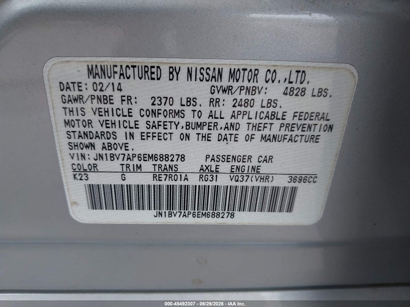 2014 Infiniti Q50 Premium VIN: JN1BV7AP6EM688278 Lot: 45492307