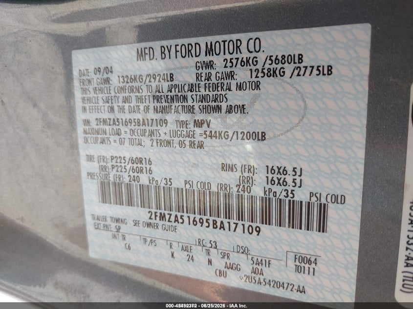 2005 Ford Freestar Se VIN: 2FMZA51695BA17109 Lot: 45492372