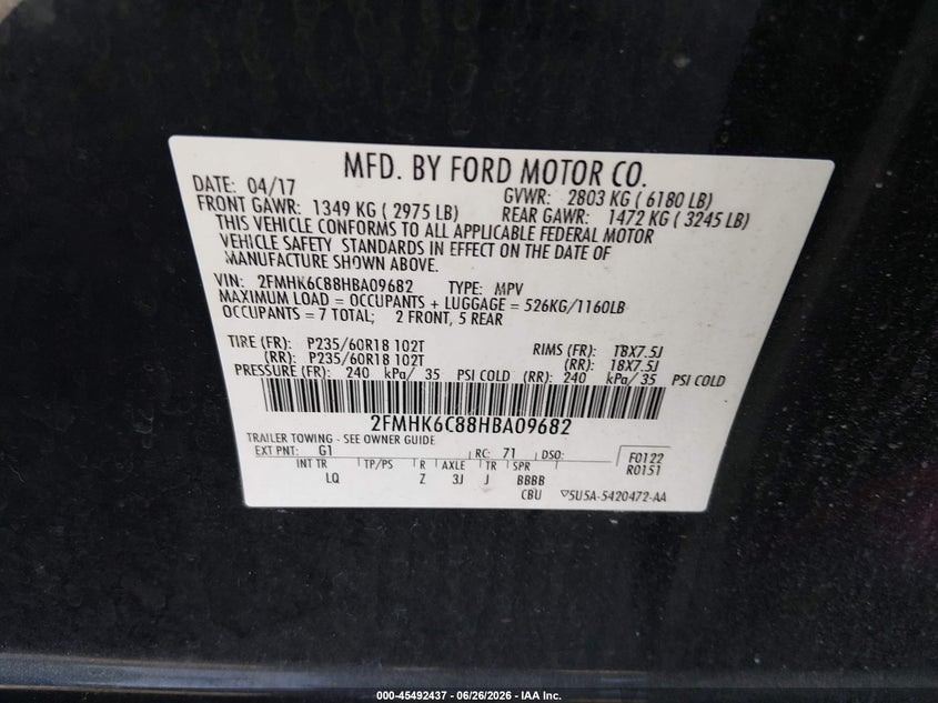 2017 Ford Flex Sel VIN: 2FMHK6C88HBA09682 Lot: 45492437