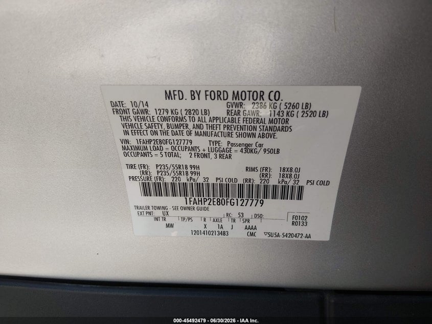 FORD TAURUS 2015 VIN 1FAHP2E80FG127779