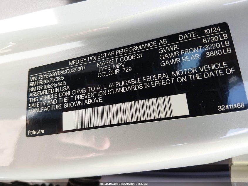 2025 Polestar 3 Long Range Dual Motor/Long Range Dual Motor Launch Edition VIN: 7SYEA3YB8SG025807 Lot: 45492499