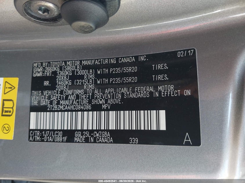 VIN: 2T2BZMCA4HC084086 2017 LEXUS RX 350 F SPORT
