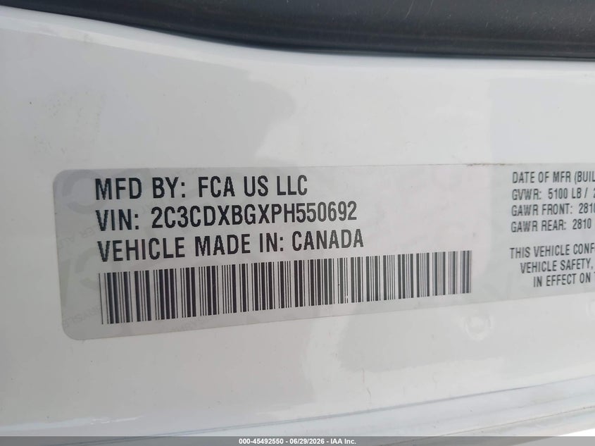 2023 Dodge Charger Sxt VIN: 2C3CDXBGXPH550692 Lot: 45492550