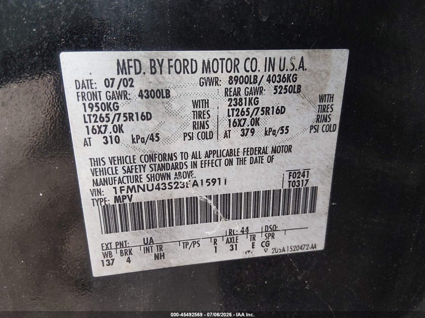 2003 Ford Excursion Limited VIN: 1FMNU43S23EA15911 Lot: 45492569