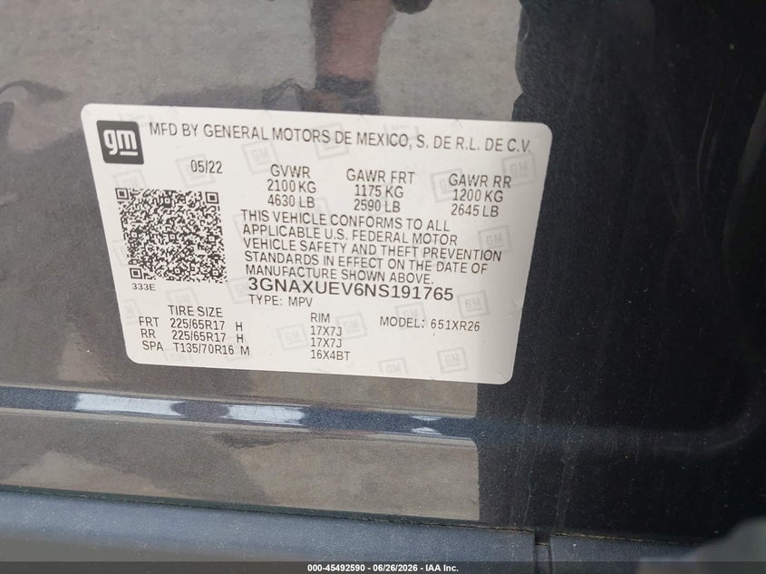 2022 Chevrolet Equinox Awd Lt VIN: 3GNAXUEV6NS191765 Lot: 45492590