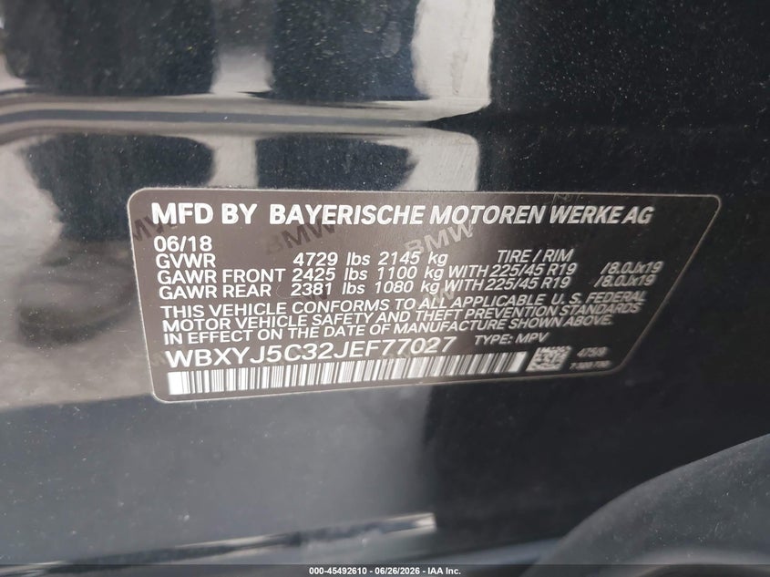 2018 BMW X2 xDrive28I VIN: WBXYJ5C32JEF77027 Lot: 45492610