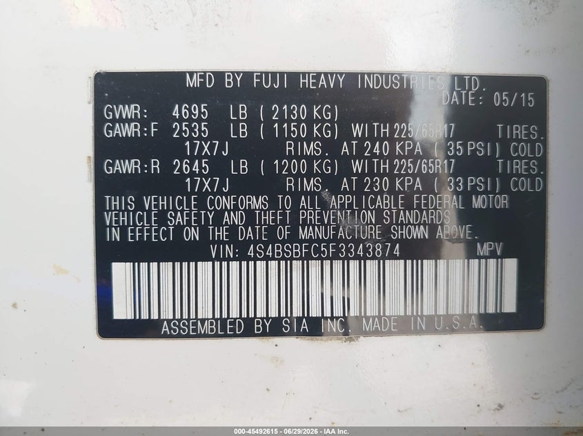 2015 Subaru Outback 2.5I Premium VIN: 4S4BSBFC5F3343874 Lot: 45492615