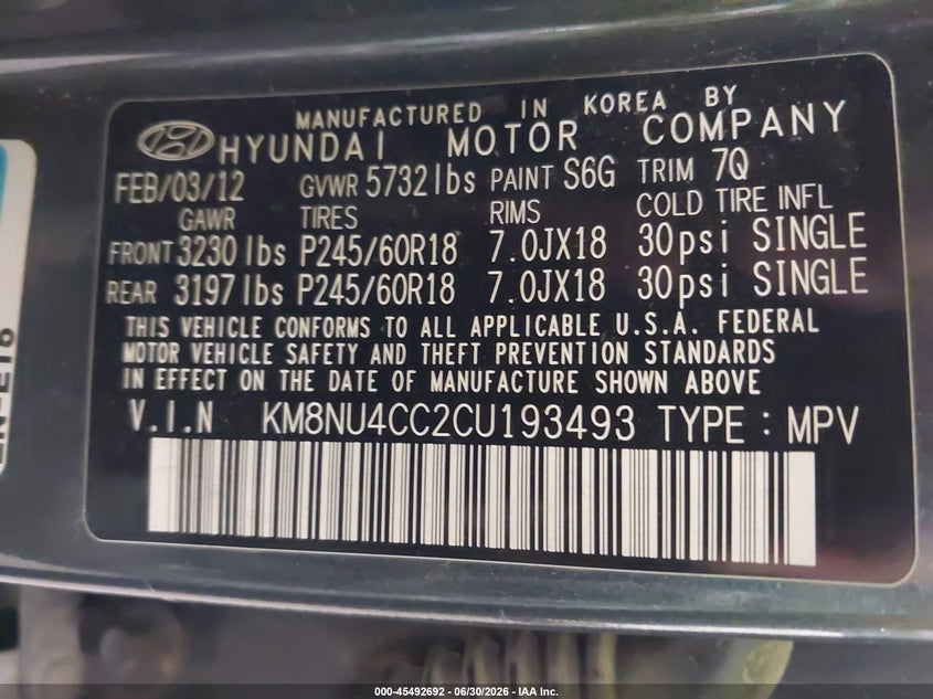 2012 Hyundai Veracruz Limited VIN: KM8NU4CC2CU193493 Lot: 45492692
