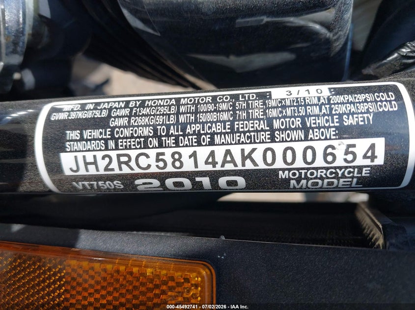 2010 Honda Vt750 S VIN: JH2RC5814AK000654 Lot: 45492741