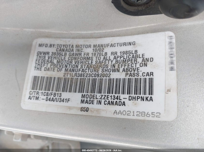 2003 Toyota Matrix Xr VIN: 2T1LR38E23C092002 Lot: 45492772