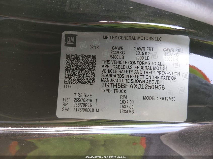 2018 GMC Canyon VIN: 1GTH5BEAXJ1250956 Lot: 45492778