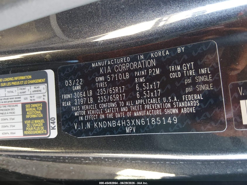 2022 Kia Carnival Mpv Lx VIN: KNDNB4H3XN6185149 Lot: 45492864