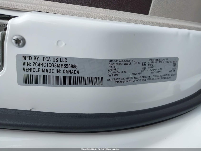 2021 Chrysler Voyager Lx VIN: 2C4RC1CG8MR556985 Lot: 45492908