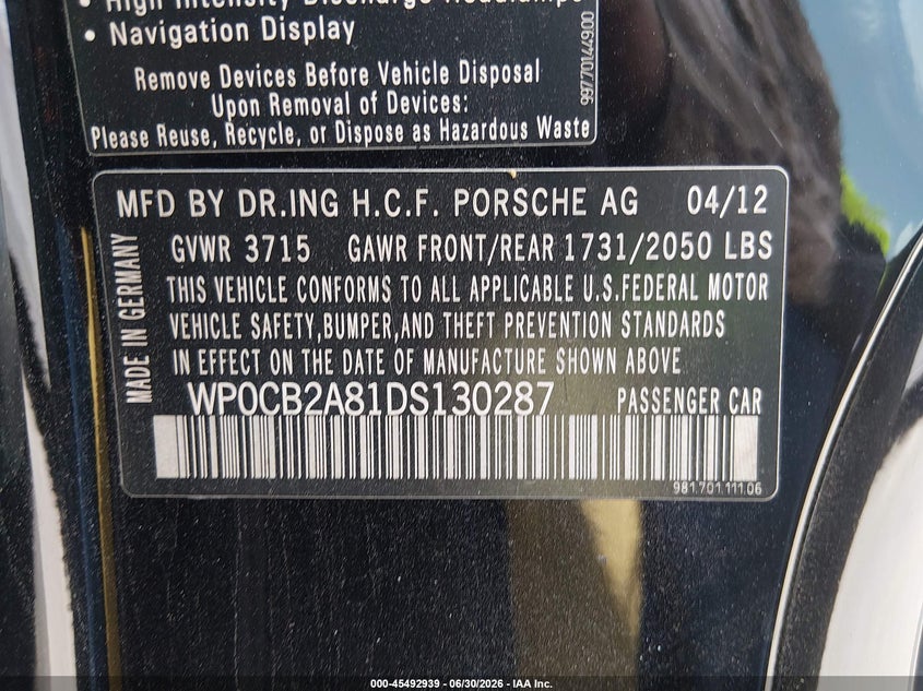 2013 Porsche Boxster S VIN: WP0CB2A81DS130287 Lot: 45492939