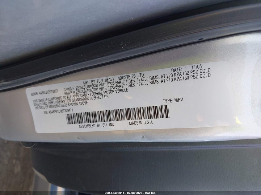SUBARU OUTBACK 2006 VIN 4S4BP61C067329471