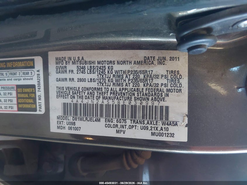 2011 Mitsubishi Endeavor VIN: 4A4JN2AS5BE030997 Lot: 45493031