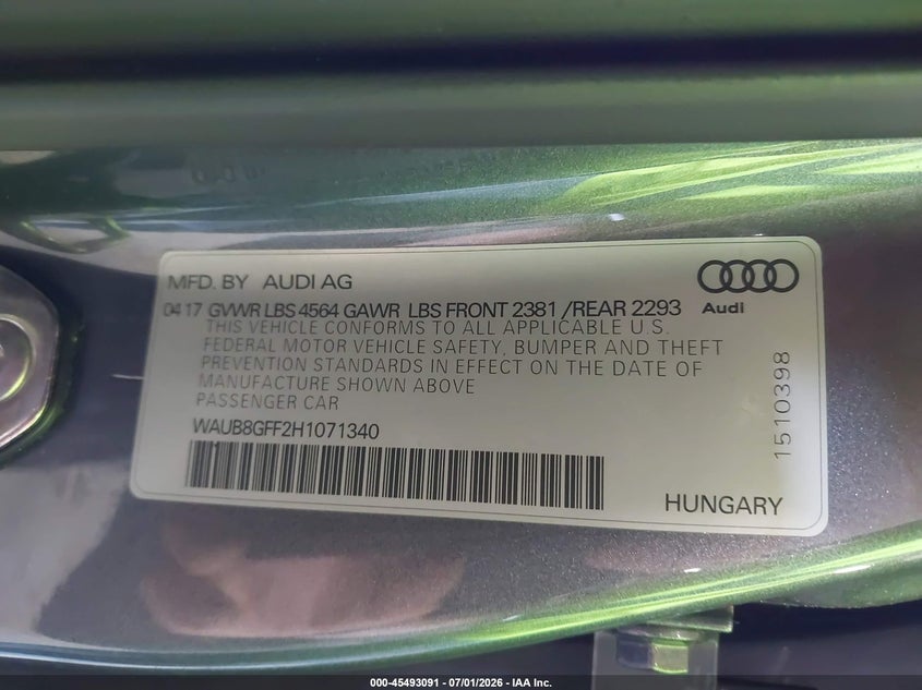 2017 Audi A3 Premium VIN: WAUB8GFF2H1071340 Lot: 45493091