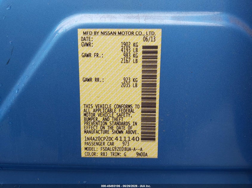 2013 Nissan Leaf Sl VIN: 1N4AZ0CP2DC411140 Lot: 45493106