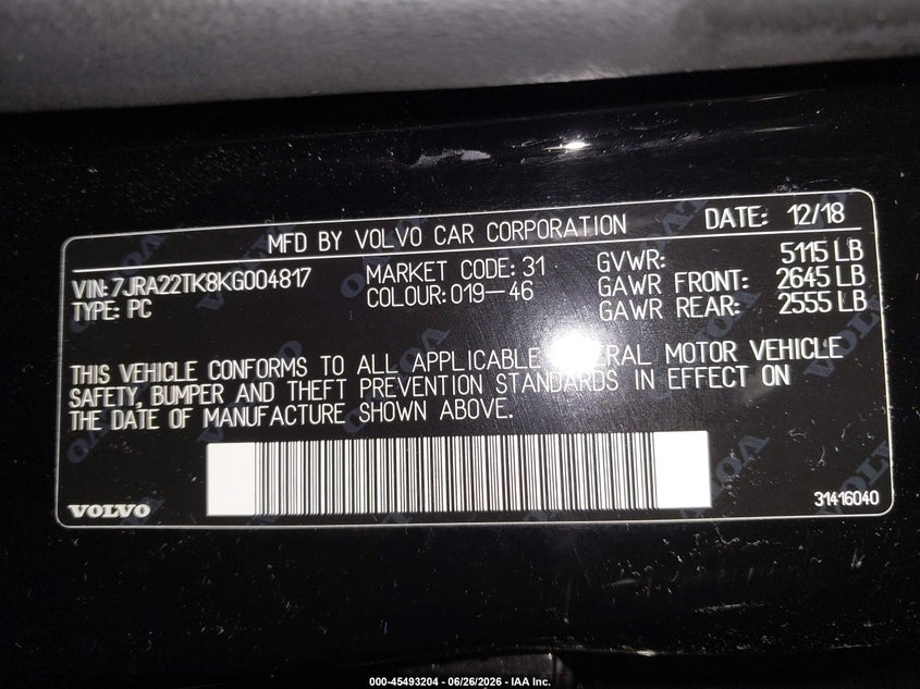 2019 Volvo S60 T6 Momentum VIN: 7JRA22TK8KG004817 Lot: 45493204