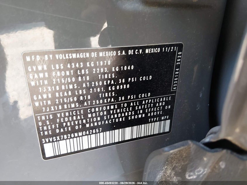 2022 Volkswagen Taos 1.5T Se VIN: 3VVSX7B26NM042657 Lot: 45493220