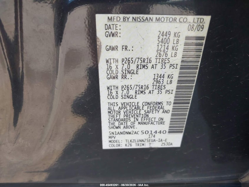 2010 Nissan Xterra Off Road VIN: 5N1AN0NW2AC501440 Lot: 45493261