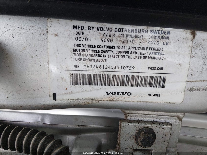2005 Volvo V70 2.4 A/2.4 A Sr/2.4 M/2.4 M Sr VIN: YV1SW612451510759 Lot: 45493294