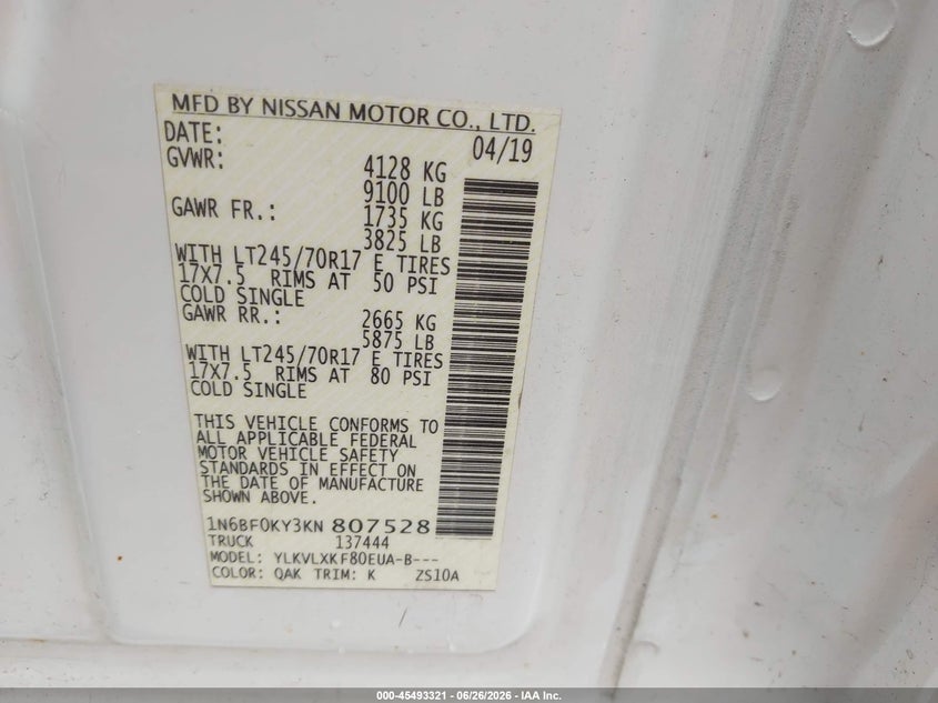 2019 Nissan Nv Cargo Nv2500 Hd Sv V6 VIN: 1N6BF0KY3KN807528 Lot: 45493321