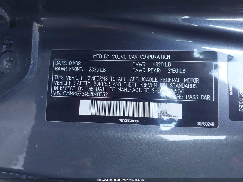 2008 Volvo C30 R-Design/T5 Version 1.0/T5 Version 2.0/Version 1.0/Version 2.0 VIN: YV1MK672482070052 Lot: 45493360