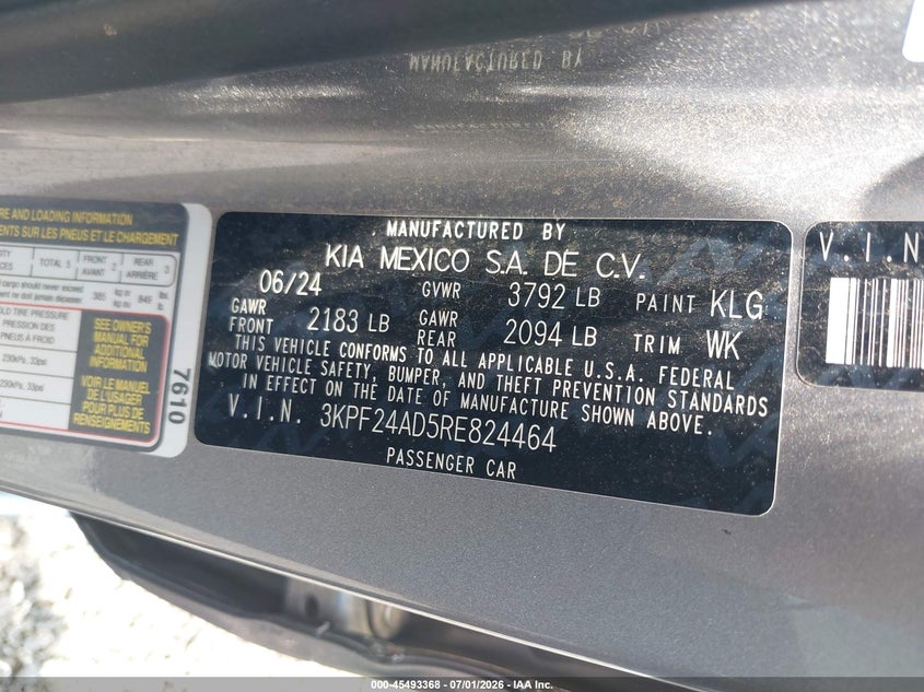KIA FORTE 2024 VIN 3KPF24AD5RE824464