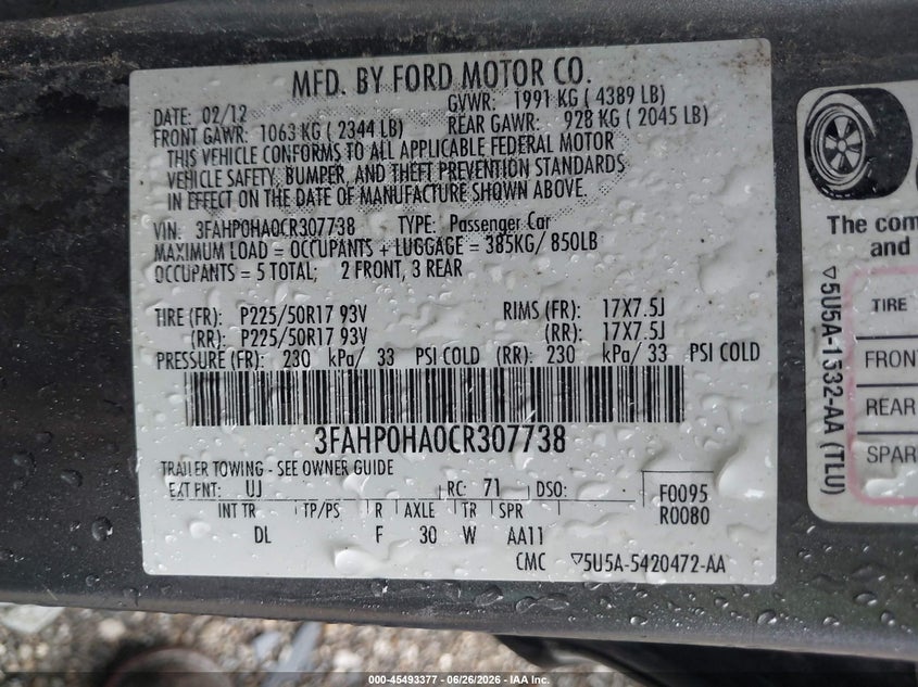 2012 FORD FUSION SEDAN 2.5L I-4 DOHC, VVT, 175HP