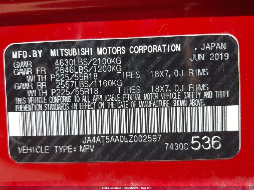 2020 Mitsubishi Eclipse Cross Sel 1.5T Awc VIN: JA4AT5AA0LZ002597 Lot: 45493378