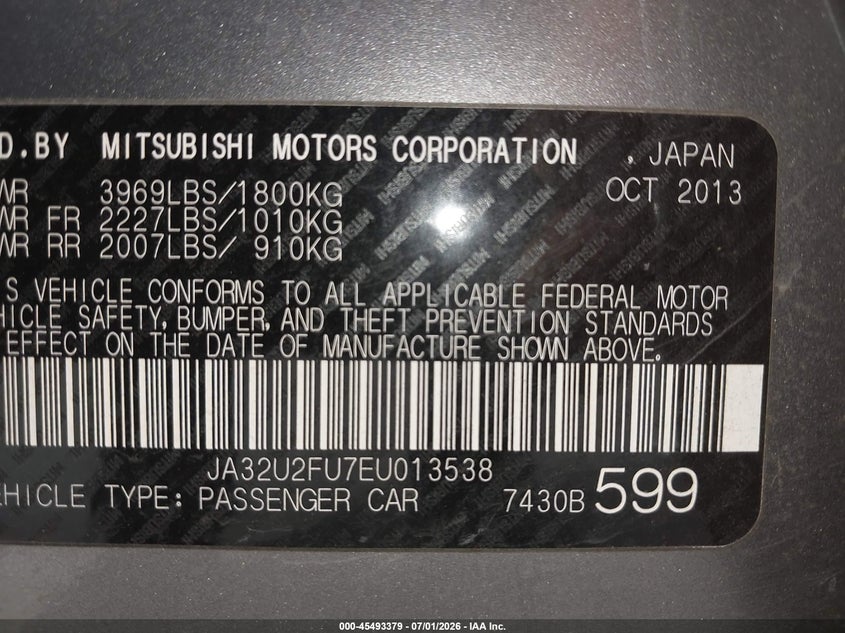 2014 Mitsubishi Lancer Es VIN: JA32U2FU7EU013538 Lot: 45493379