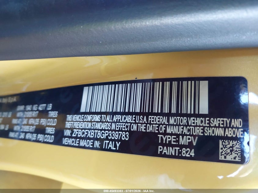 2016 Fiat 500X Easy VIN: ZFBCFXBT8GP339783 Lot: 45493383