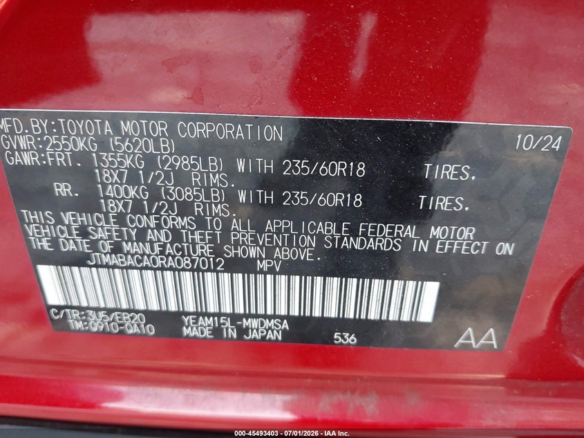 2024 Toyota Bz4X Xle VIN: JTMABACA0RA087012 Lot: 45493403