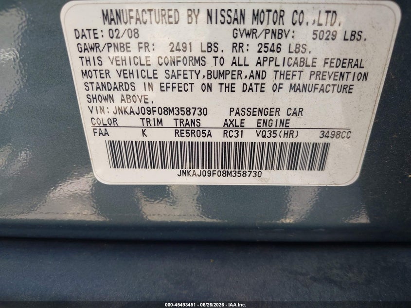 2008 Infiniti Ex35 Journey VIN: JNKAJ09F08M358730 Lot: 45493451