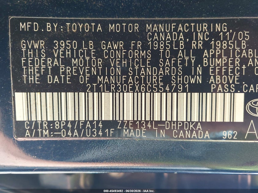 2006 Toyota Matrix VIN: 2T1LR30EX6C554791 Lot: 45493492