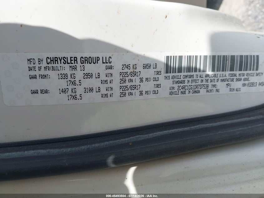 2013 Chrysler Town & Country Touring-L VIN: 2C4RC1CG1DR737538 Lot: 45493504