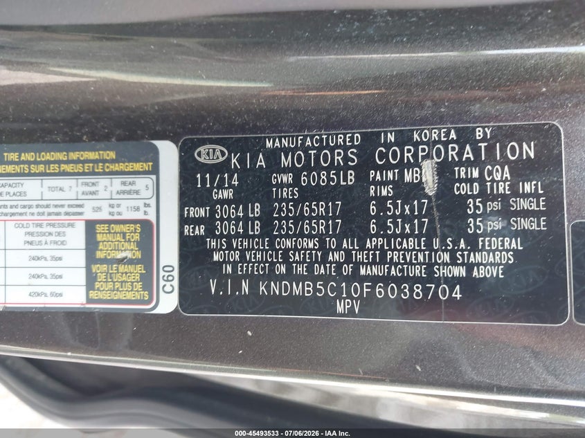 2015 Kia Sedona Lx VIN: KNDMB5C10F6038704 Lot: 45493533
