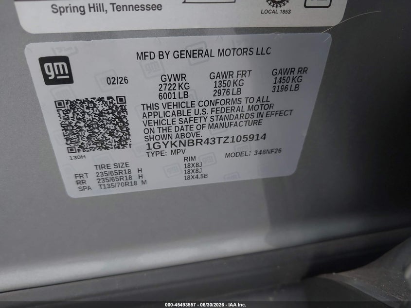 2026 Cadillac Xt5 Luxury Awd VIN: 1GYKNBR43TZ105914 Lot: 45493557