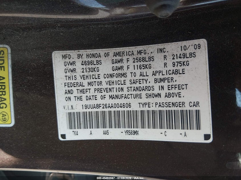 2010 Acura Tl 3.5 VIN: 19UUA8F26AA004606 Lot: 45493567