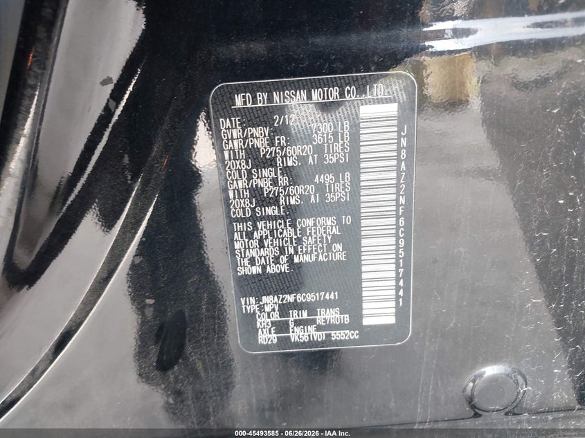 2012 Infiniti Qx56 VIN: JN8AZ2NF6C9517441 Lot: 45493585