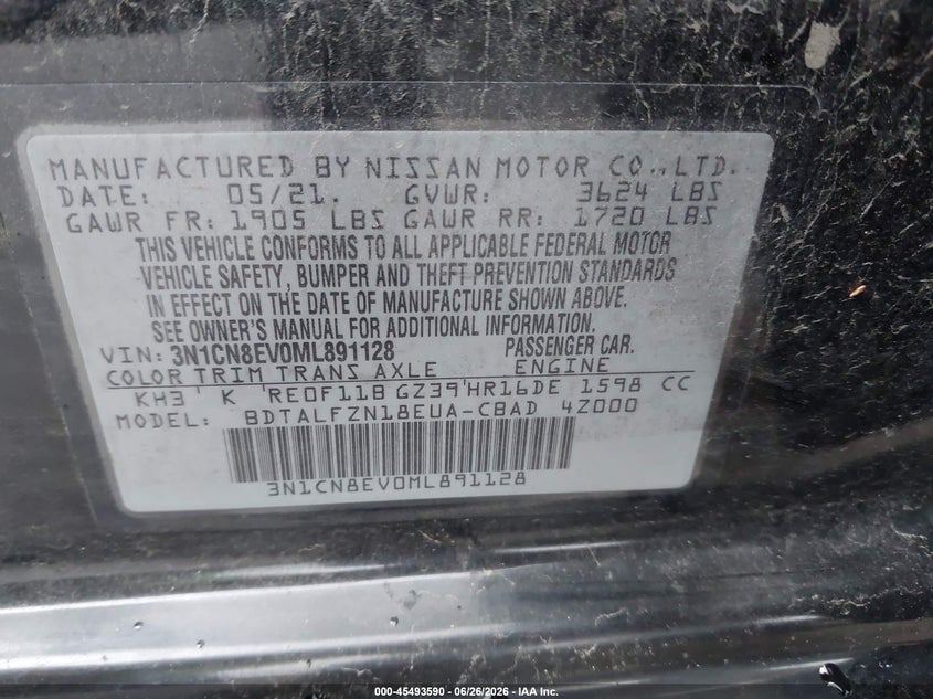 2021 NISSAN VERSA SEDAN 1.6L I-4 DOHC, VVT, 122HP