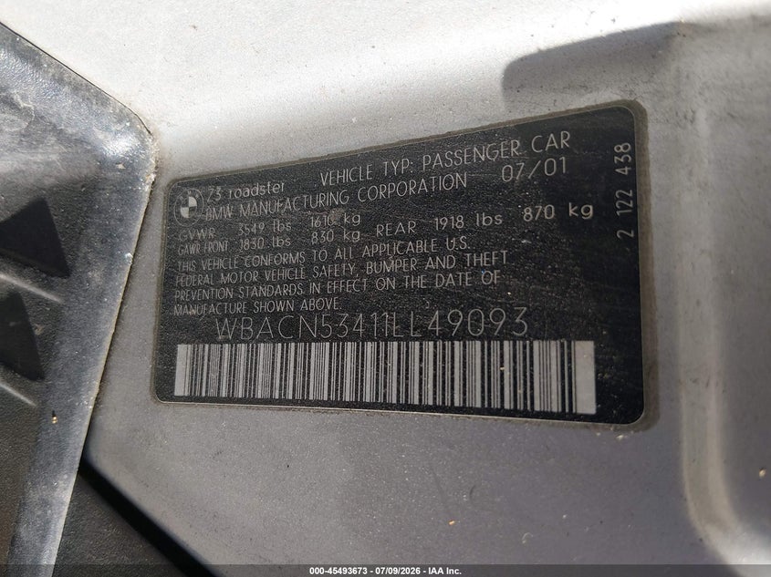 2001 BMW Z3 3.0I VIN: WBACN53411LL49093 Lot: 45493673
