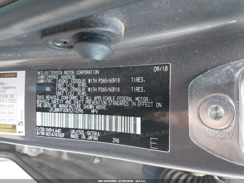 2019 Lexus Gx 460 Premium VIN: JTJBM7FX0K5213396 Lot: 45493685