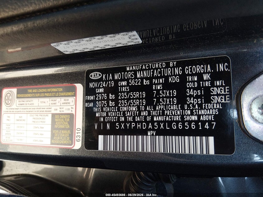 KIA SORENTO 2020 VIN 5XYPHDA5XLG656147