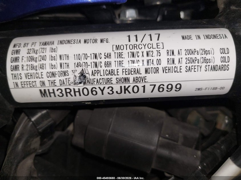 2018 Yamaha Yzfr3 VIN: MH3RH06Y3JK017699 Lot: 45493688